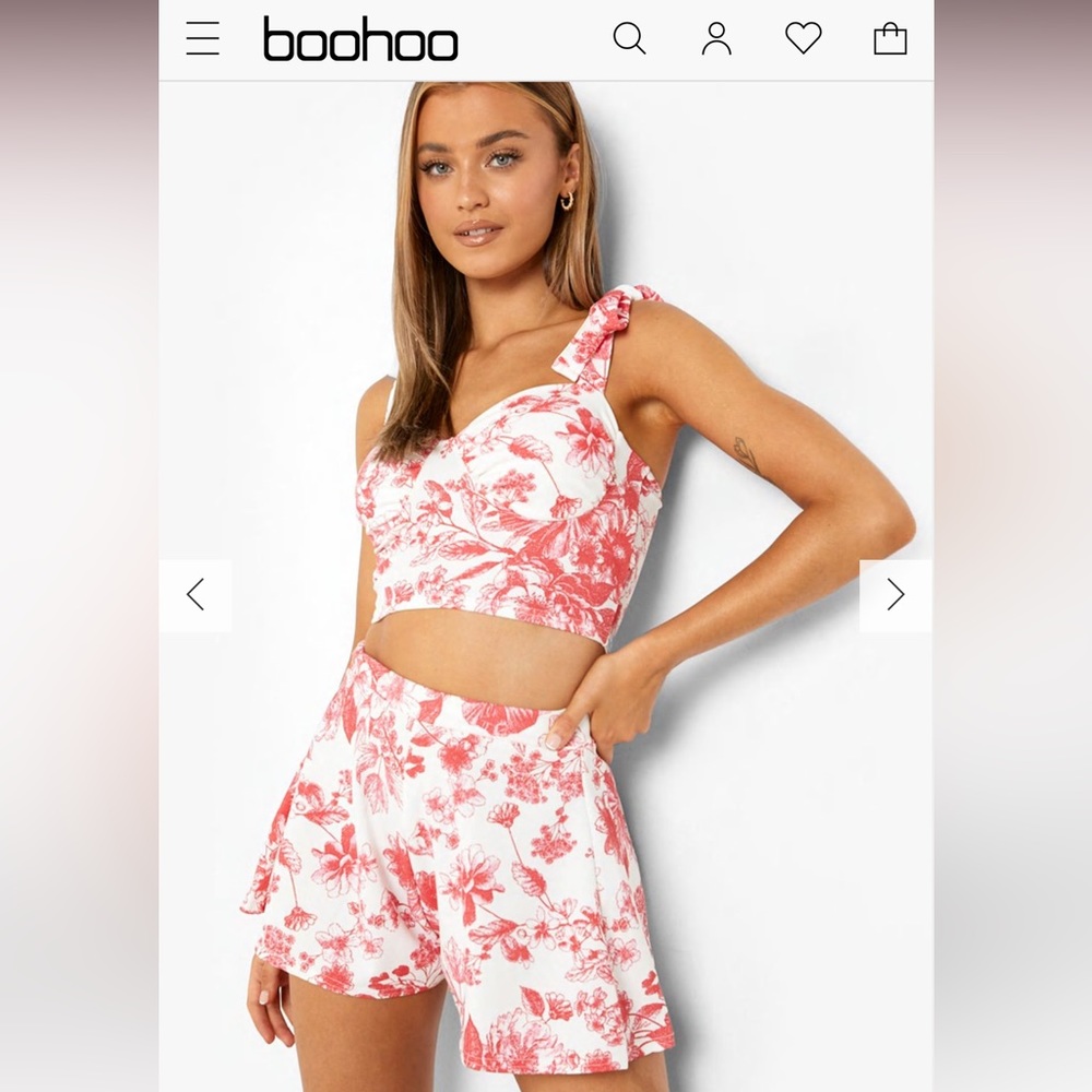 FLORAL TIE SHOULDER CORSET & FLARED SHORTS SET